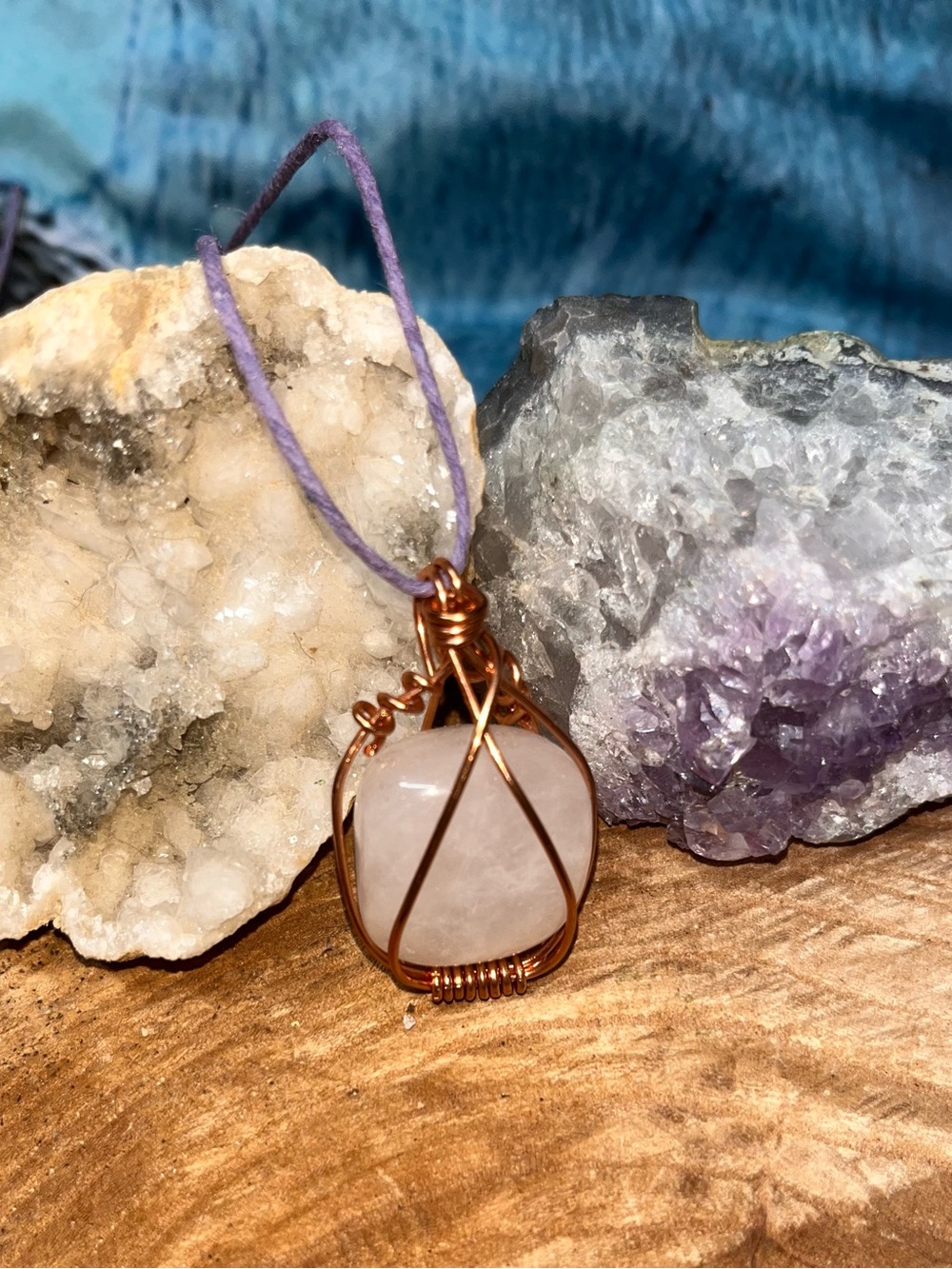 Rose Quartz Copper Wire-Wrapped Pendant Necklace with Purple Cord
